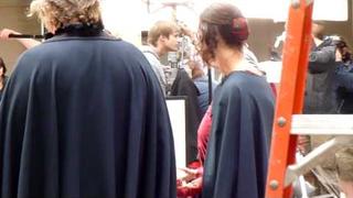 Bradley James and Angel Coulby rehearsing a scene 23/6/11